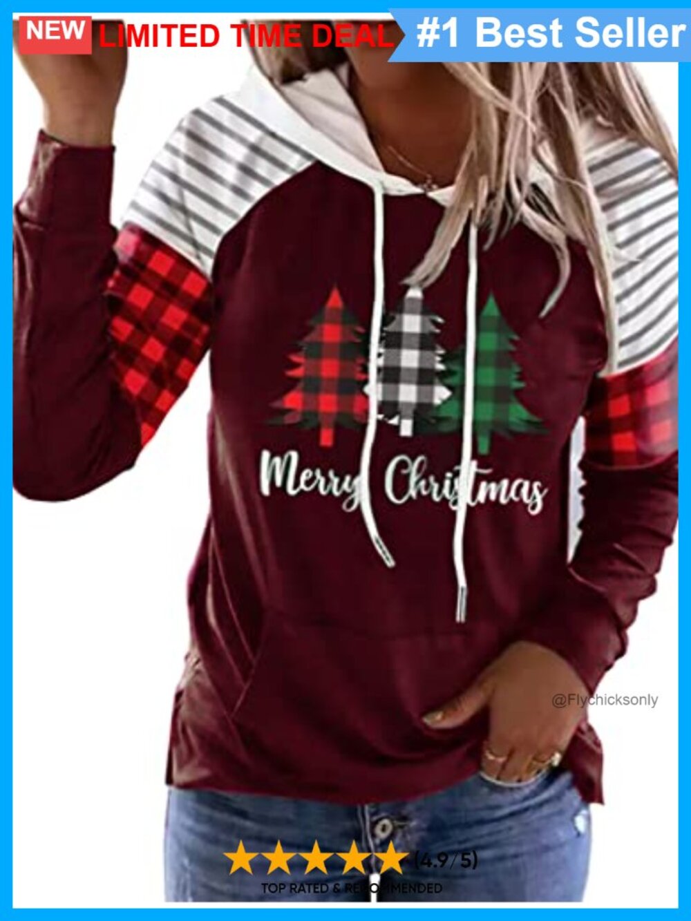 Christmas Buffalo Plaid Hoodie Women Loose Fit Long Sleeve Pullover